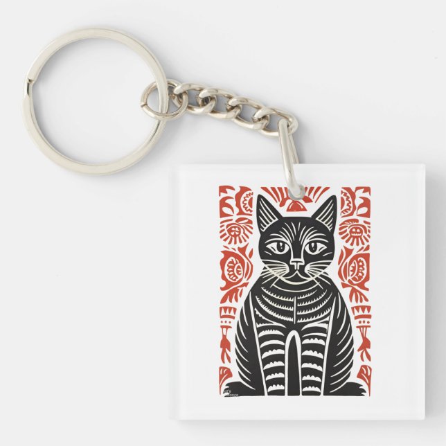 Minimalist Black Cat Folk Art Design  Keychain (Front)