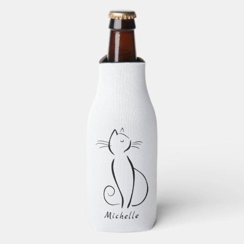 Minimalist black cat on white add name bottle cooler