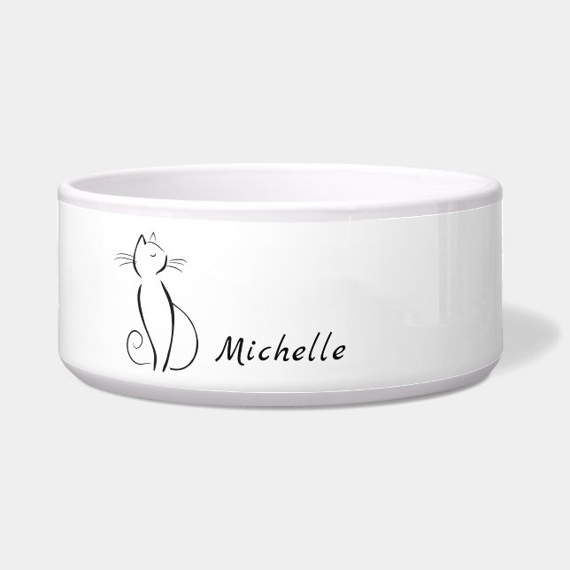 Minimalist Black Cat On White Add Name Bowl (Front)