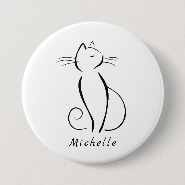 Minimalist black cat on white add name button (Front)