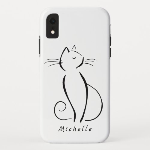 Minimalist black cat on white add name iPhone XR case