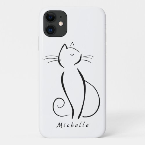 Minimalist black cat on white add name iPhone 11 case