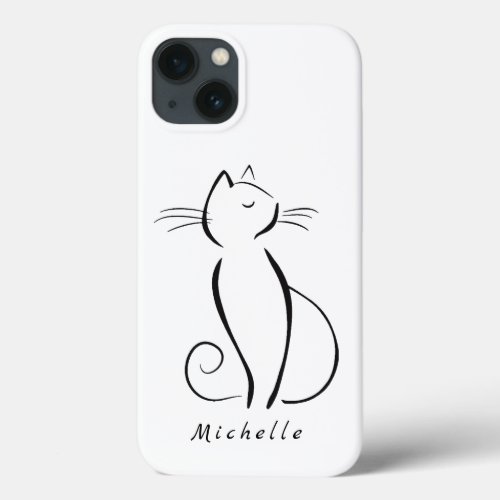 Minimalist Black Cat On White Add Name iPhone 13 Case