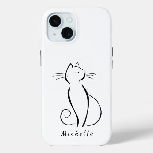 Minimalist Black Cat On White Add Name iPhone 15 Case
