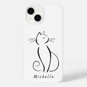 Minimalist Black Cat On White Add Name Case-Mate iPhone 14 Case