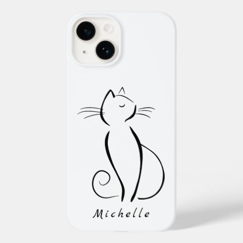 Minimalist Black Cat On White Add Name Case_Mate iPhone 14 Case