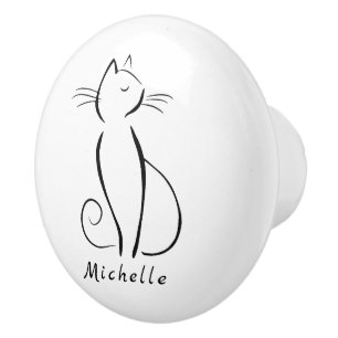 Minimalist black cat on white add name ceramic knob