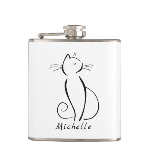 Minimalist Black Cat On White Add Name Flask