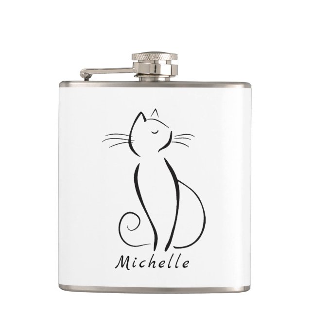 Minimalist Black Cat On White Add Name Flask (Front)