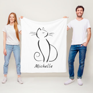 Minimalist black cat on white add name fleece blanket