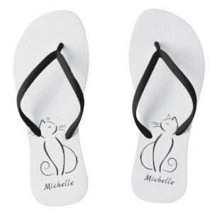 Minimalist black cat on white add name flip flops