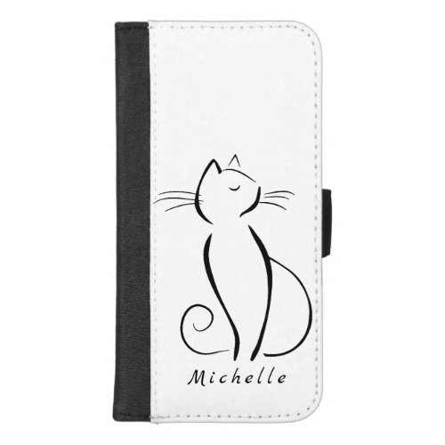 Minimalist black cat on white add name iPhone 87 plus wallet case