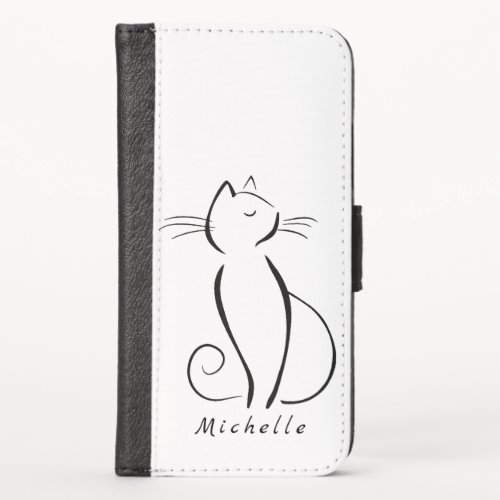 Minimalist black cat on white add name iPhone x wallet case