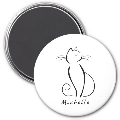Minimalist black cat on white add name magnet