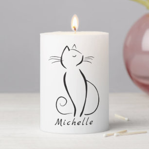 Minimalist black cat on white add name pillar candle