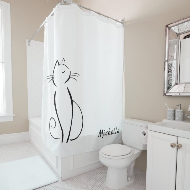 Minimalist black cat on white add name shower curtain (In Situ)