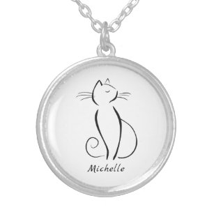 Minimalist black cat on white add name silver plated necklace