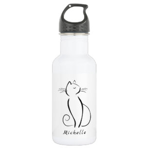 Minimalist black cat on white add name stainless steel water bottle