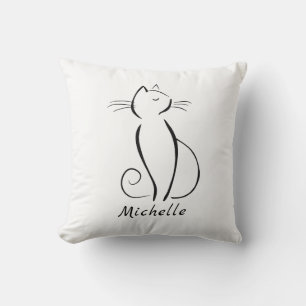 Minimalist black cat on white add name throw pillow