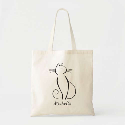 Minimalist black cat on white add name tote bag