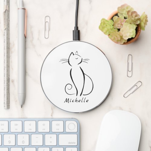 Minimalist black cat on white add name  wireless charger 