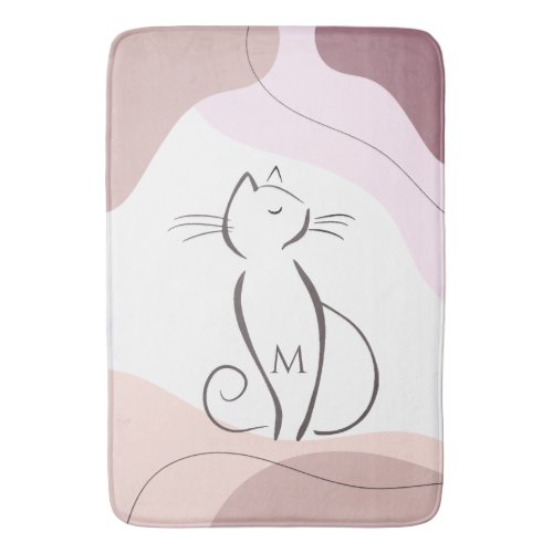 Minimalist Black Cat Organic Boho Shapes Monogram  Bath Mat