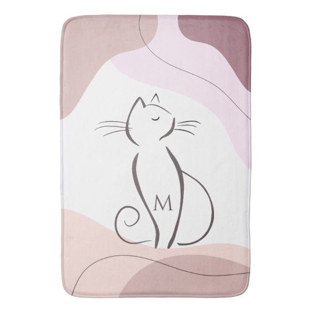 Minimalist Black Cat Organic Boho Shapes Monogram  Bath Mat (Front Vertical)