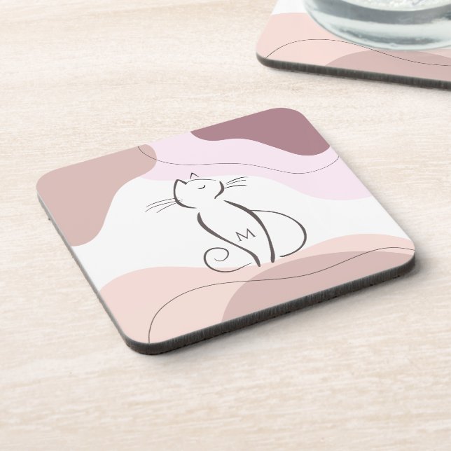 Minimalist Black Cat Organic Boho Shapes Monogram  Beverage Coaster (Left Side)
