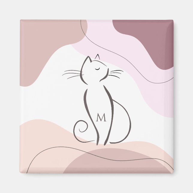 Minimalist Black Cat Organic Boho Shapes Monogram Magnet (Front)