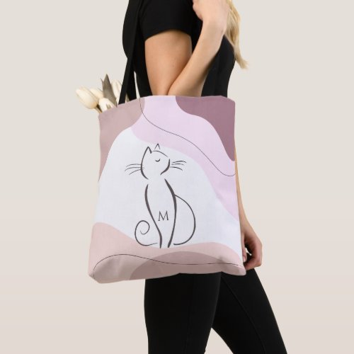 Minimalist Black Cat Organic Boho Shapes Monogram Tote Bag