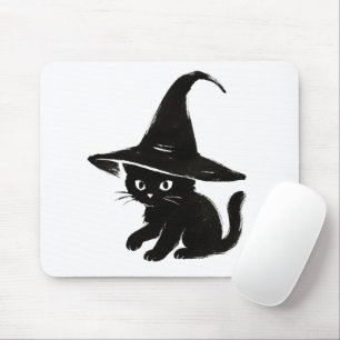 Minimalist Black Cat with Witch Hat Design on  Mouse Pad