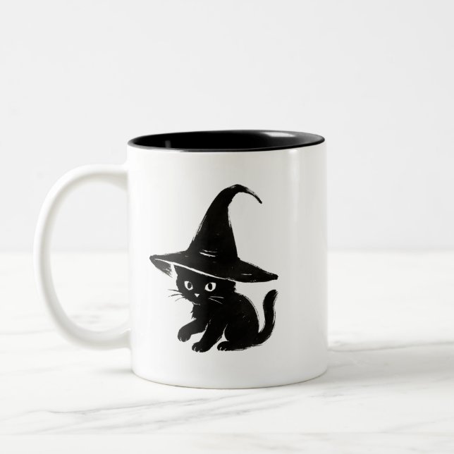 Minimalist Black Cat with Witch Hat Design on Two-Tone Coffee Mug (Left)
