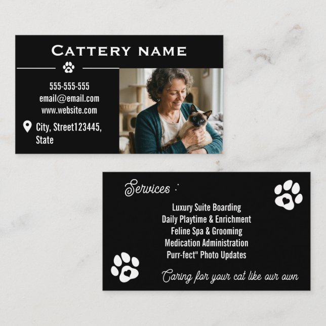 Minimalist Black Cattery Customizable Business Card (Front/Back)