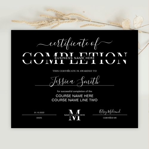 Minimalist Black Certificate of Completion Award