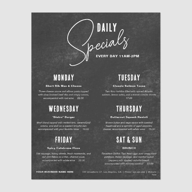 Minimalist Black Chalkboard Daily Specials Menu (Front)