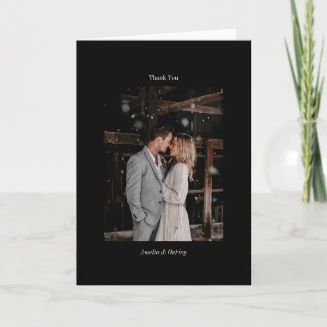 Minimalist Black Chic Elegant Wedding Custom Photo Thank You Card | Zazzle