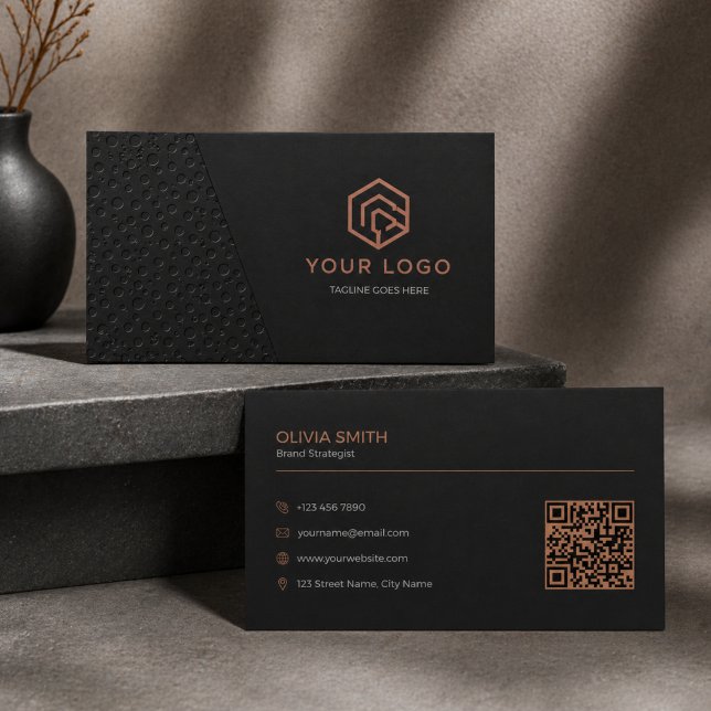 Minimalist Black Copper Geometric QR Code Business Card (Minimalist Luxury Black & Copper Business Card | Modern QR Code Design)