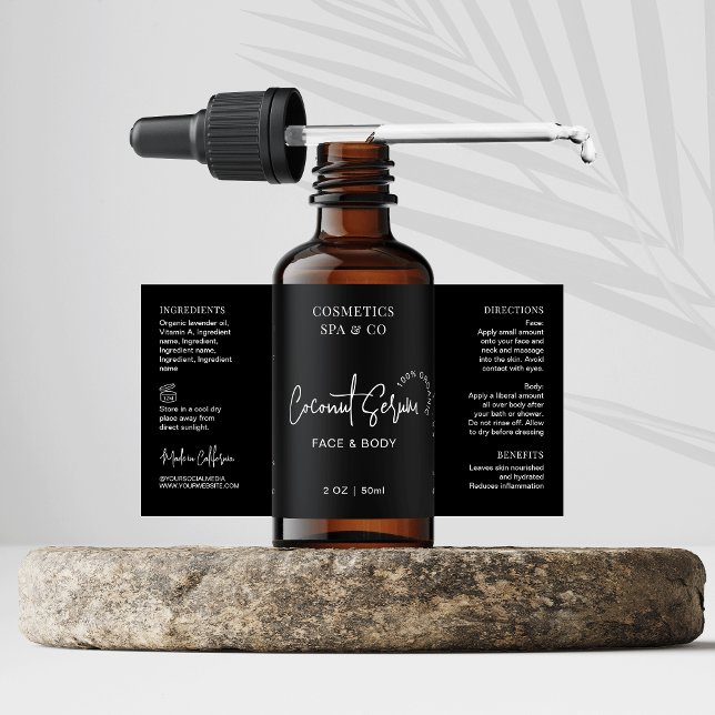 Minimalist Black Cosmetic Bottle 2 OZ Product Label (Elegant black cosmetic bottle wrap around label with ingredients and directions)