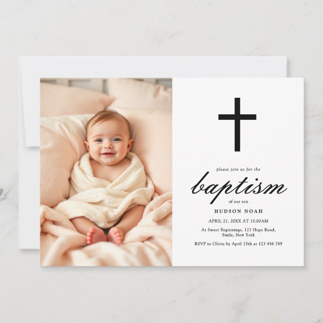 Minimalist Black Cross Baptism Photo Invitation (Front)