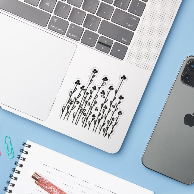 Minimalist black doodle floral sticker (Laptop w/ iPhone)