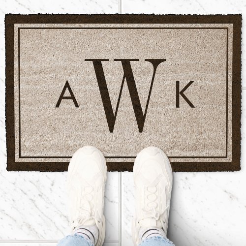 Minimalist Black Double Border Modern Monogram Fiber Doormat