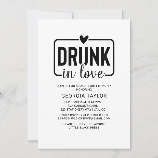 Minimalist Black "Drunk in Love" Bachelorette  Invitation (Front)