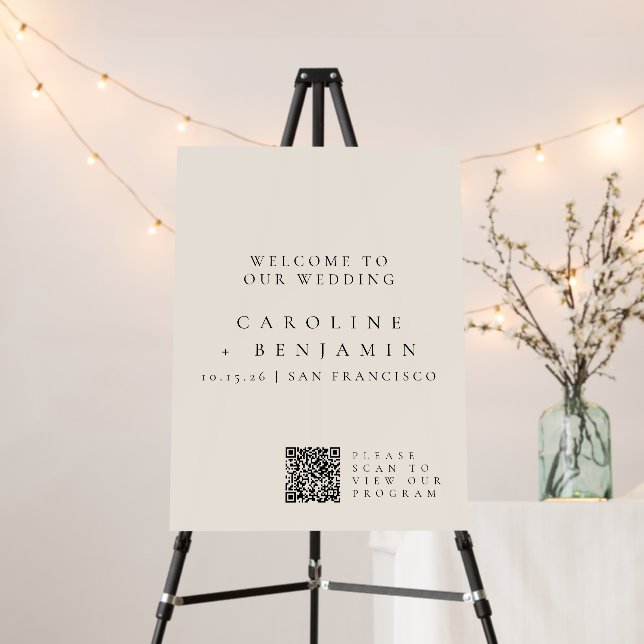 Minimalist Black Ecru Wedding Program QR Code Sign (In Situ (Stand))