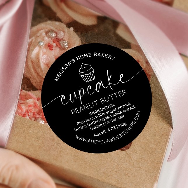 Minimalist Black Elegant Calligraphy Cupcake Label (Black and white modern cupcake flavor name stickers with cupcake icon and elegant script font)