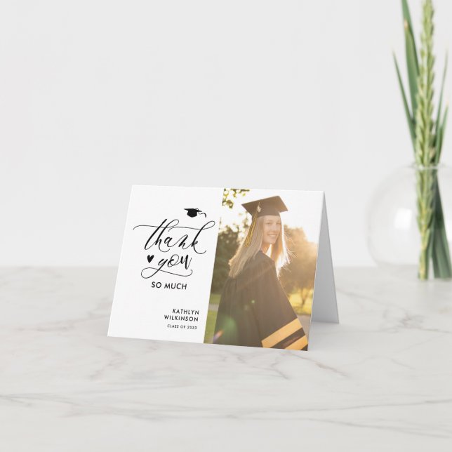 Minimalist Black Elegant Script Photo Graduation Thank You Card (Front)
