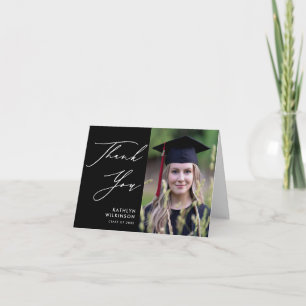 Minimalist Black Elegant Script Photo Graduation Thank You Card
