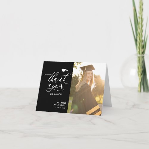 Minimalist Black Elegant Script Photo Graduation Thank You Card