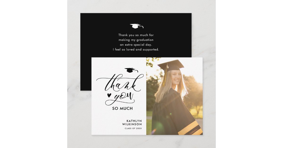 Minimalist Black Elegant Script Photo Graduation Thank You Card | Zazzle