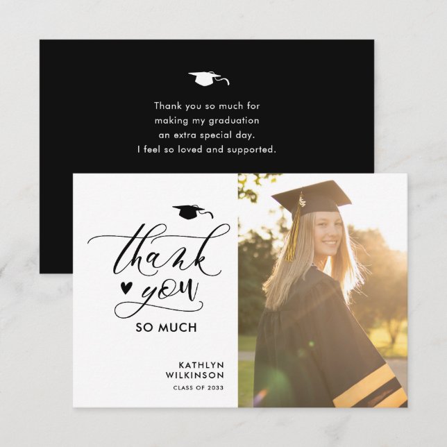 Minimalist Black Elegant Script Photo Graduation Thank You Card (Front/Back)