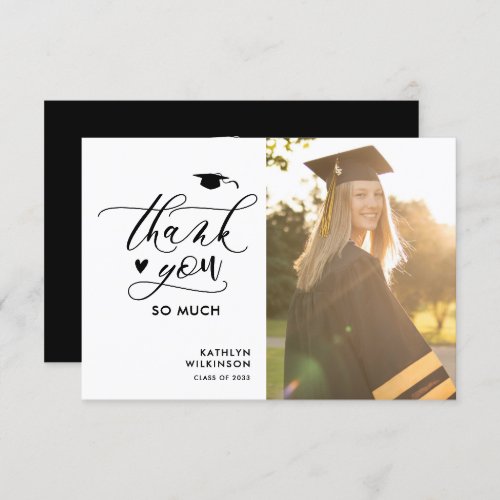 Minimalist Black Elegant Script Photo Graduation Thank You Card